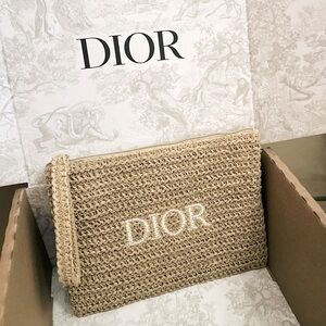 Dior Tan Raffia Clutch with Wristlet - NEW